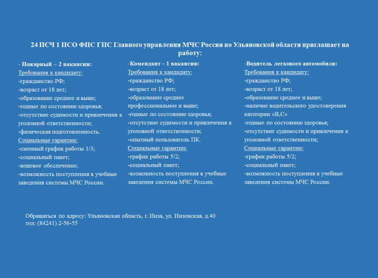 24 ПСЧ 1 ПСО ФПС ГСП Главного управления МЧС России по Ульяновской области приглашает на работу. 24 ПСЧ 1 ПСО ФПС ГСП Главного управления МЧС России по Ульяновской области приглашает на работу.